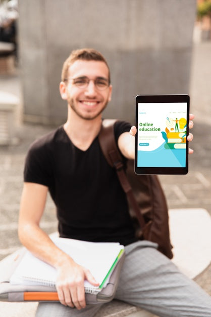 Front View Student Holding Tablet Psd