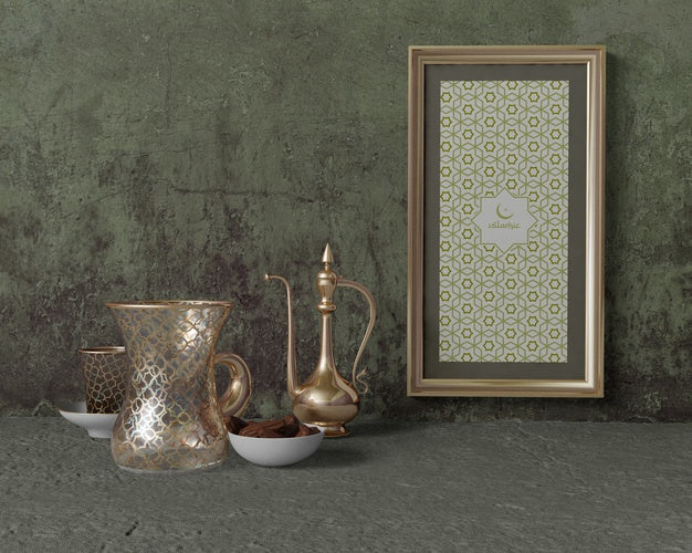 Front View Traditional Ramadan Arrangement With Frame Psd