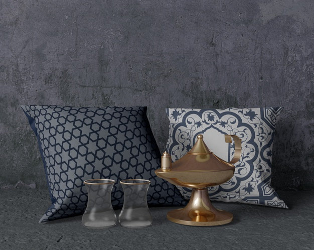 Front View Traditional Ramadan Arrangement With Pillows Psd