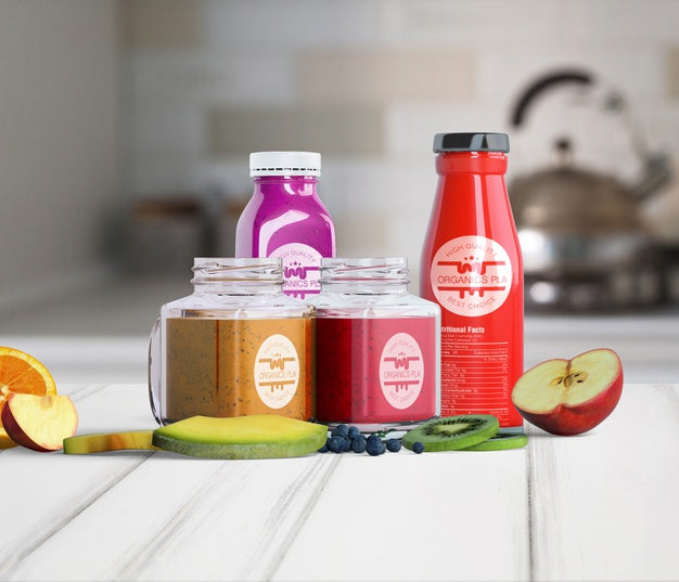 Front View Variety Of Containers Filled With Fruit Juice Psd