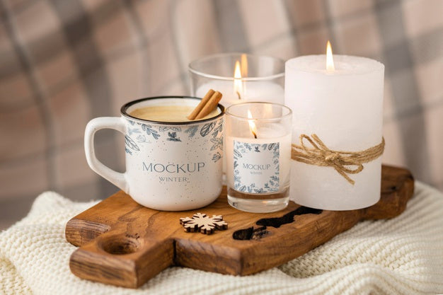 Front View Winter Hygge Assortment With Mug Mock-Up Psd