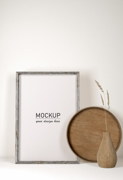 Front View Wooden Tray With Frame And Vase Psd
