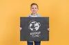 Front View Young Boy Holding Mock-Up Sign Psd