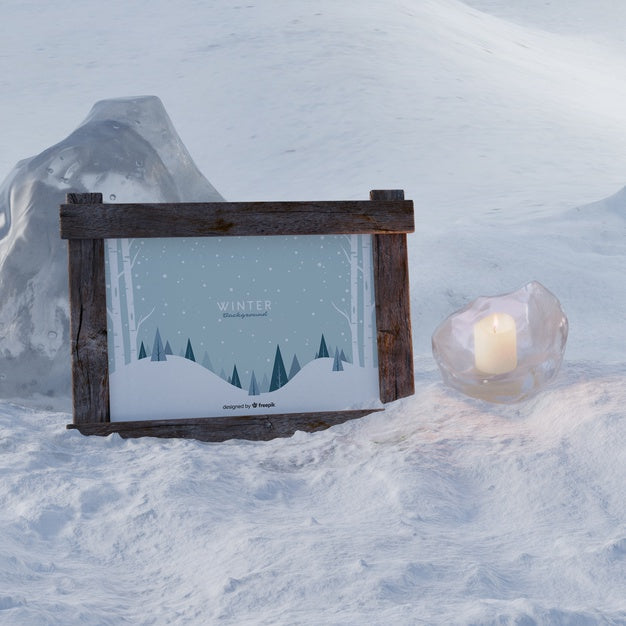 Frozen Candle Beside Frame With Winter Theme Psd