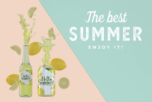 Fruit Soda Can And Bottle With Colouful Background Psd