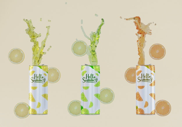 Fruit Soda Cans With Beige Background Psd