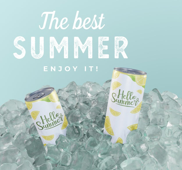 Fruit Soda Cans With Ice Cubes Psd