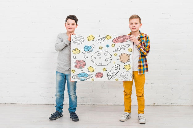 Full Shot Cute Children With Drawing Psd