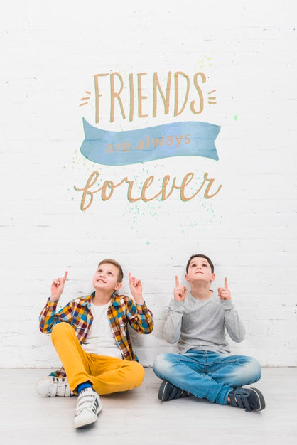 Full Shot Sitting Boys Looking Up Psd