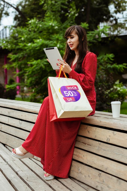 Full Shot Woman Holding Tablet Psd