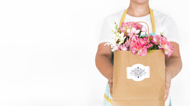 Gardening Concept With Woman Holding Bag With Flowers Psd