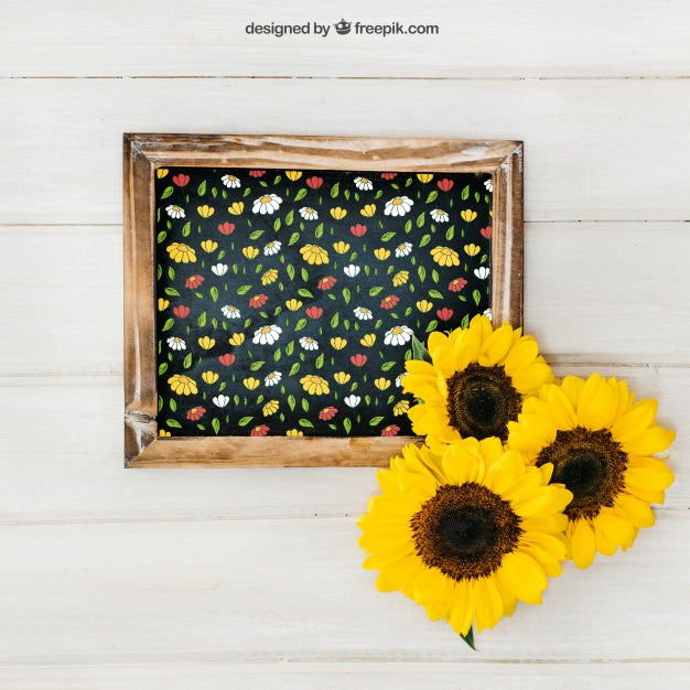 Gardening Mockup With Slate And Three Sunflowers Psd