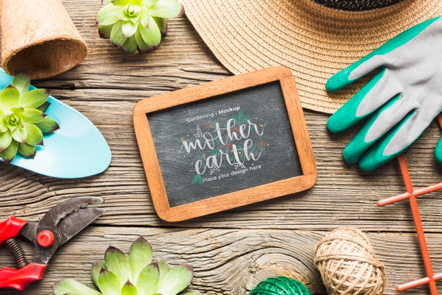 Gardening Tools On Wooden Background Psd