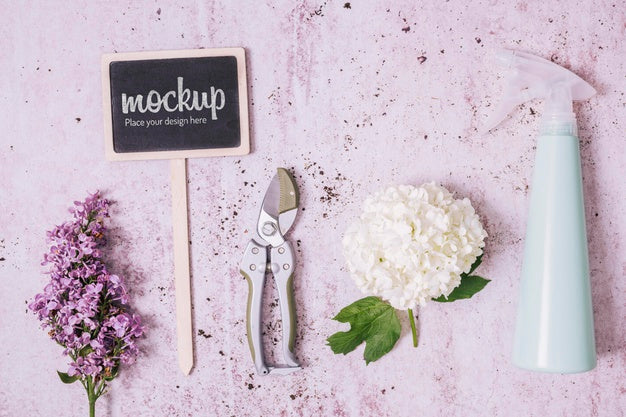 Gardening Tools With Small Blackboard Mock-Up Psd