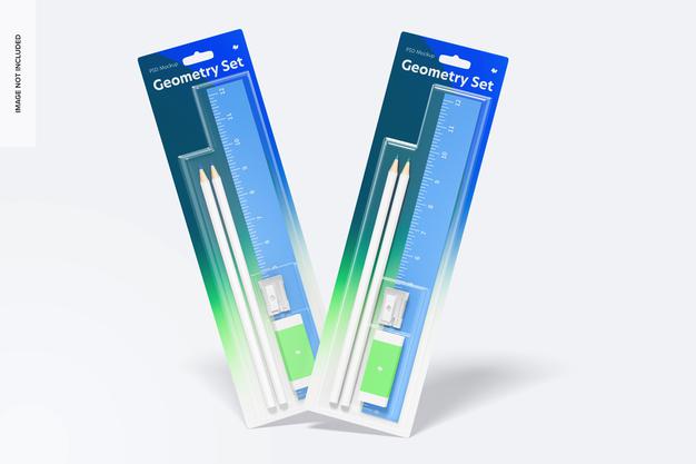 Geometry Ruler And Pencil Set Mockup, Floating Psd