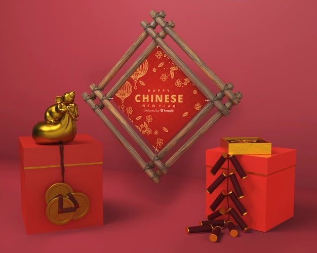 Gift Boxes And Wooden Frame For New Year Psd