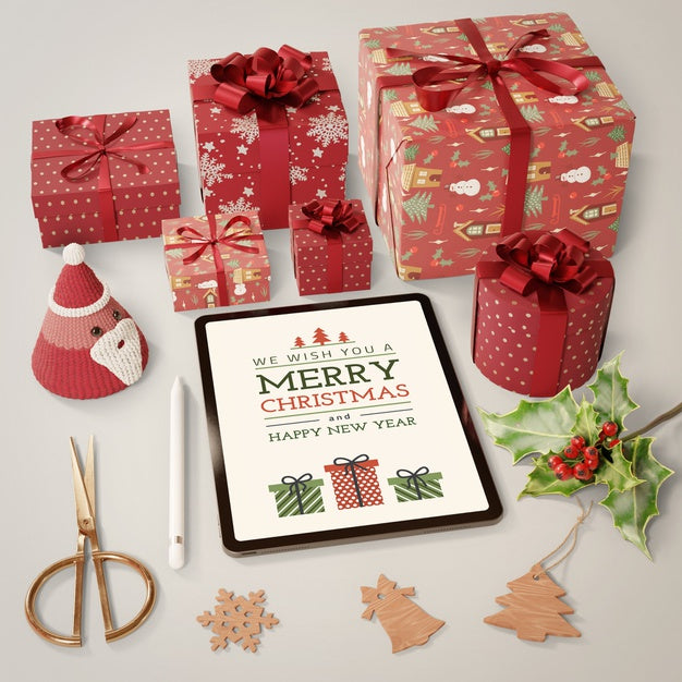 Gifts Collection Beside Modern Tablet Psd