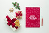 Gifts With Notepad And Festive Christmas Decorations Psd