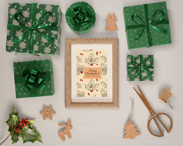 Gifts Wrapped In Green Paper Around Painting Psd