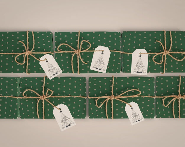 Gifts Wrapped In Green Paper With Tags Psd