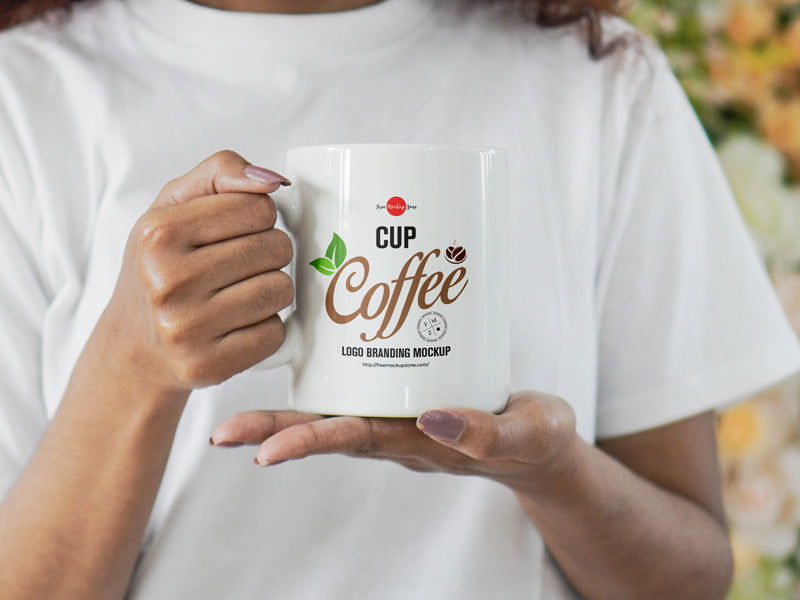 Girl Holding Coffee Cup For Logo Branding Mockup