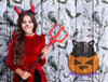 Girl Holding The Devil Trident Nearby An Animated Pumpkin And Cat Psd