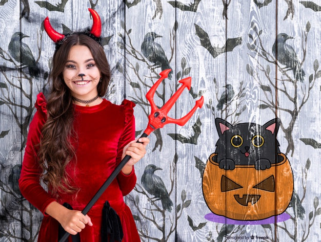 Girl Holding The Devil Trident Nearby An Animated Pumpkin And Cat Psd