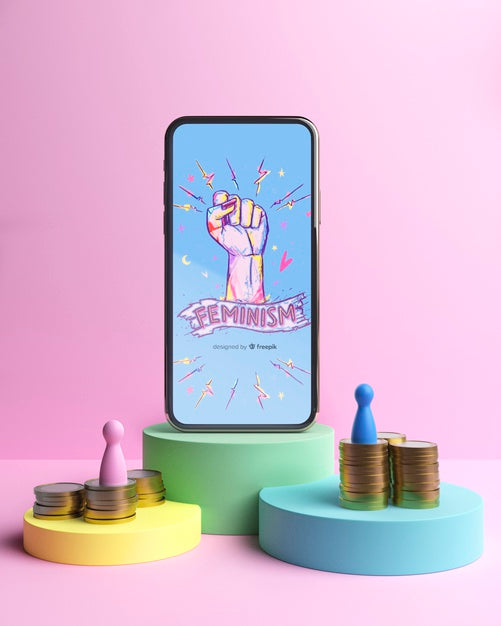 Girl Power Concept Arrangement With Phone Mock-Up Psd