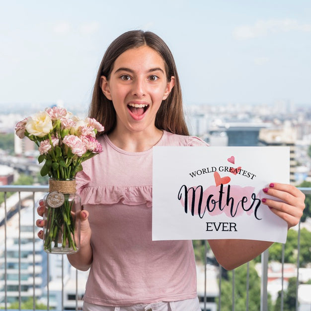 Girl Presenting Paper Mockup For Mothers Day Psd