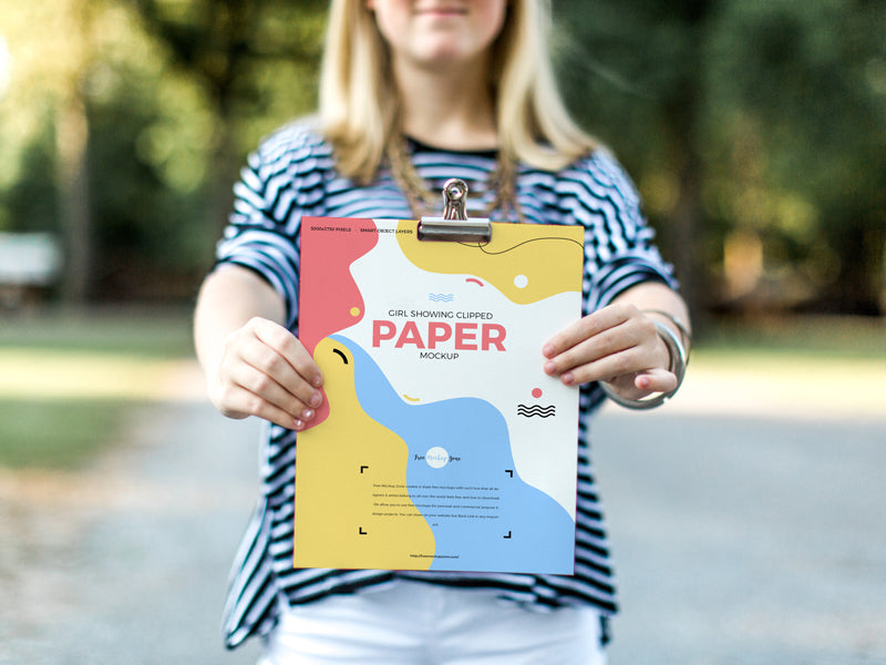 Girl Showing Clipped Paper Mockup