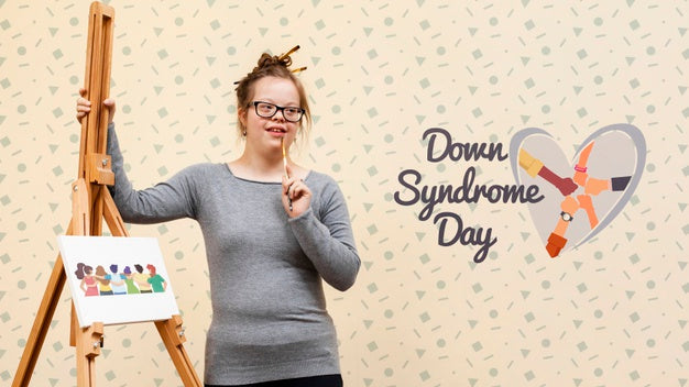 Girl With Down Syndrome Posing With Canvas Mock-Up Psd