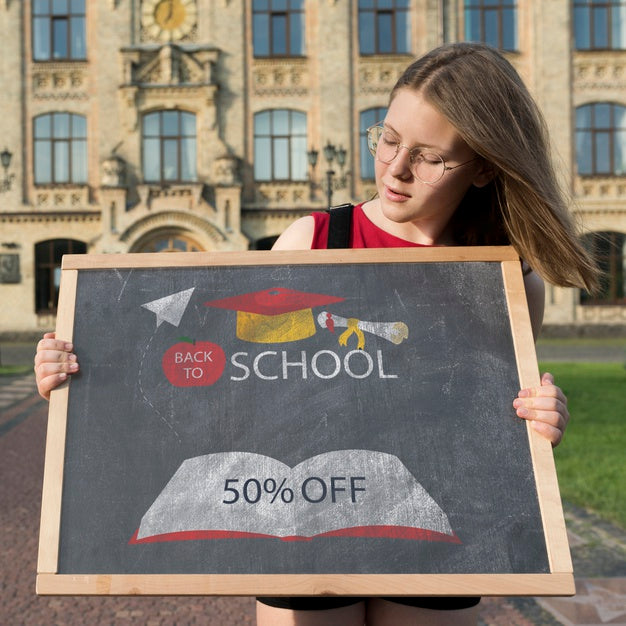 Girl With Glasses Holding A Blackboard Mock-Up Psd