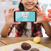 Girl With Smartphone Mockup On Easter Day Psd