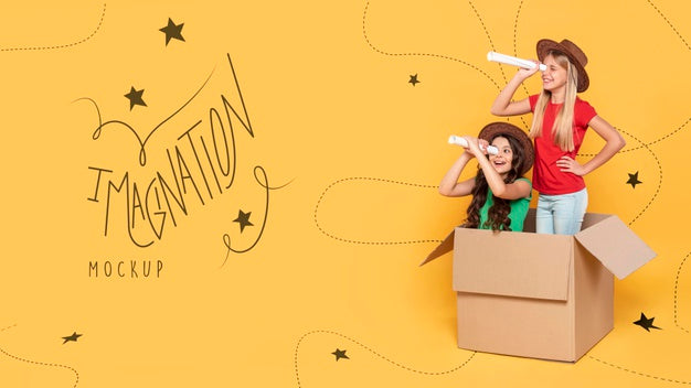 Girls Playing In Cardboard Box Psd