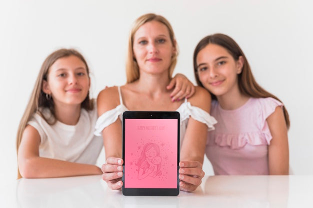 Girls Presenting Tablet Mockup For Mothers Day Psd