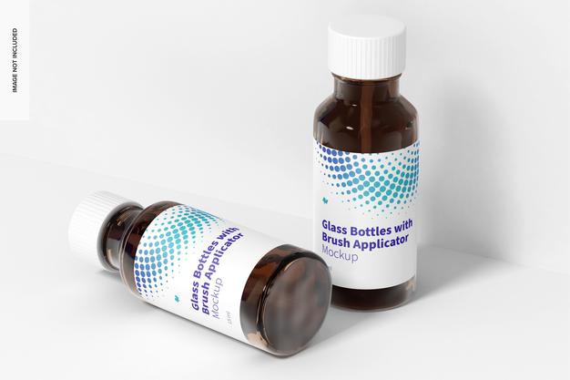 Glass Bottles With Brush Applicator Mockup, Perspective Psd