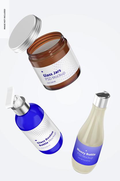 Glass Jars Scene Mockup, Floating Psd