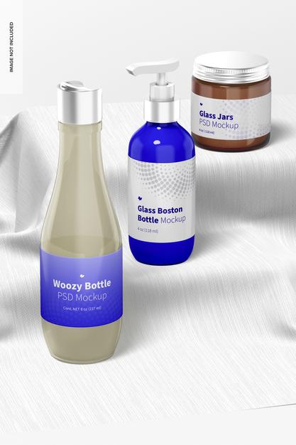 Glass Jars Scene Mockup, Perspective View Psd