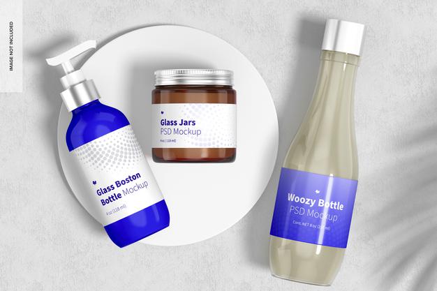 Glass Jars Scene Mockup, Top View Psd