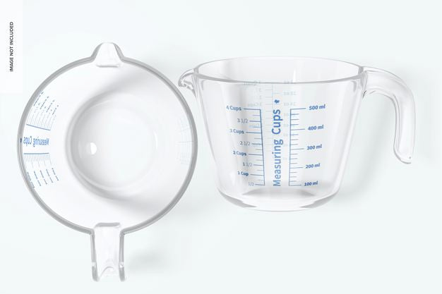 Glass Measuring Cup Mockup, Standing And Dropped Psd
