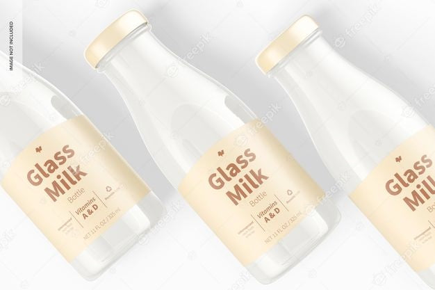 Glass Milk Bottles Mockup, Close Up Psd
