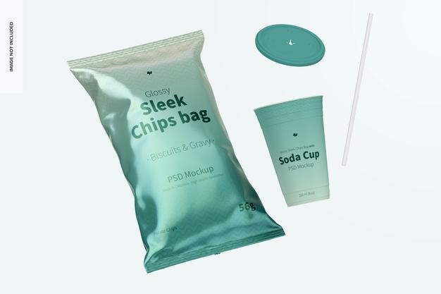 Glossy Sleek Chips Bags Mockup, Falling Psd