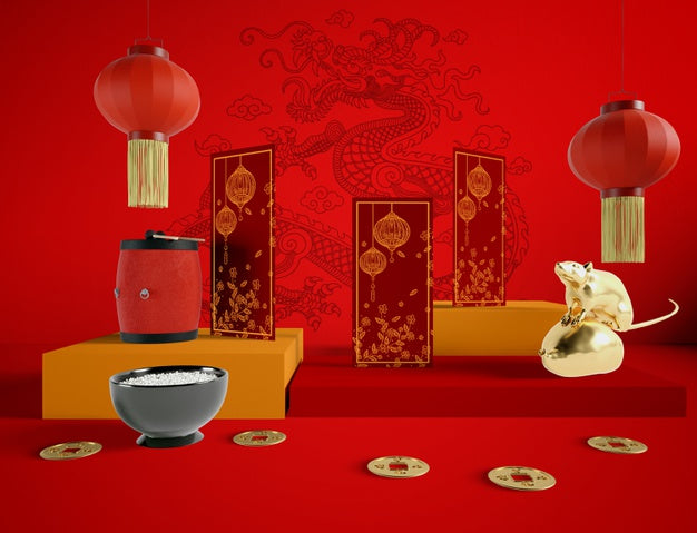 Golden Rat Bowl Of Rice And Chinese Traditional Objects Psd
