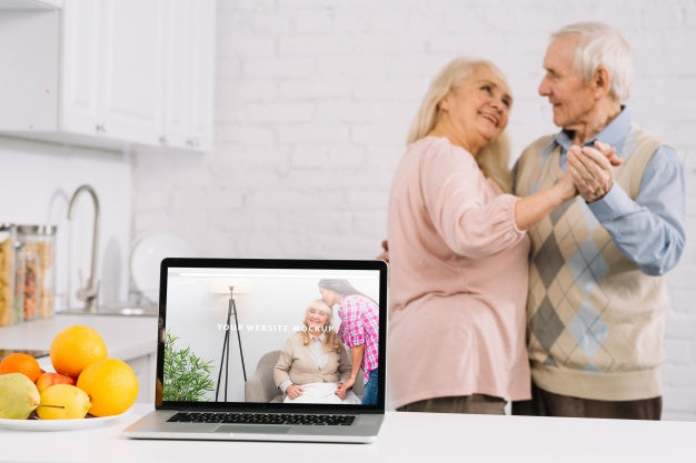 Grandparents Behind Laptop Mockup Psd