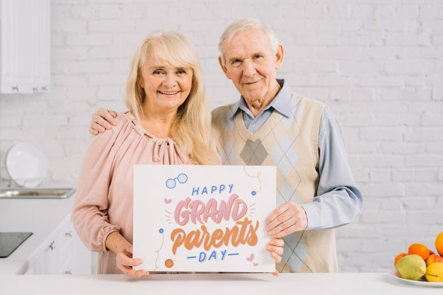 Grandparents Holding Placard Mockup Psd