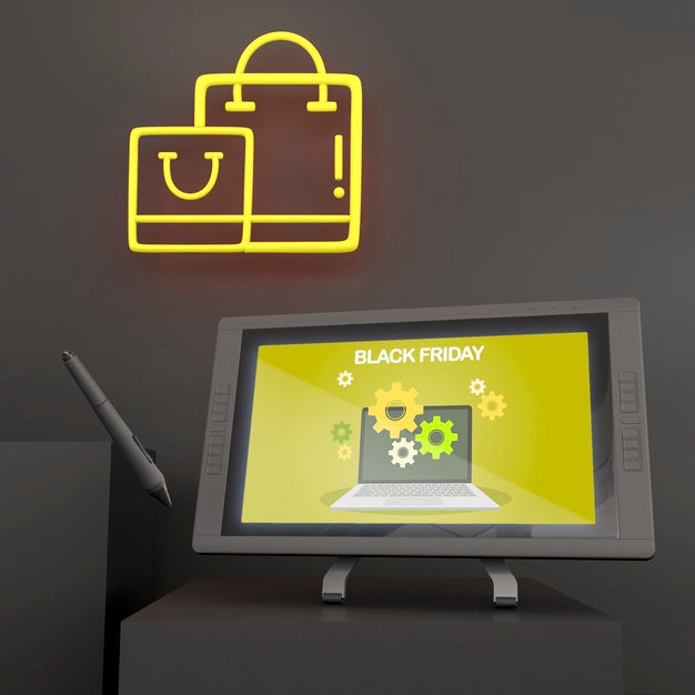 Graphic Tablet Mock-Up With Pen And Yellow Neon Lights Psd
