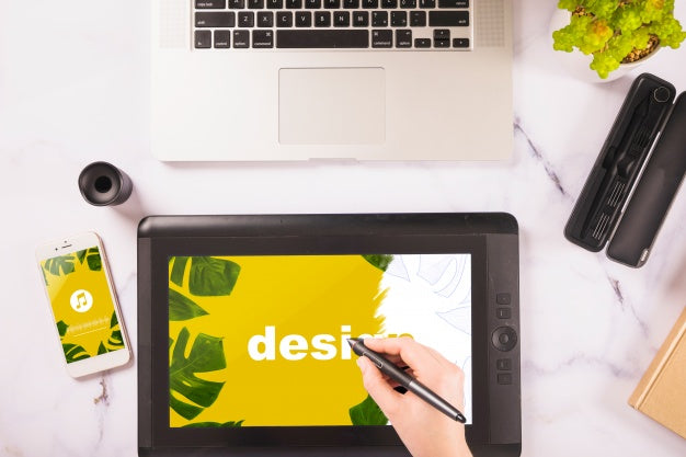 Graphic Tablet Mockup And Various Technological Devices Psd