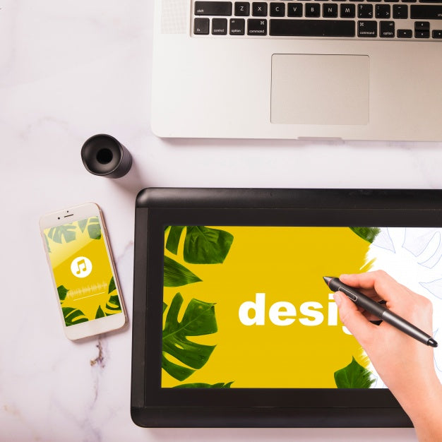 Graphic Tablet Mockup And Various Technological Devices Psd