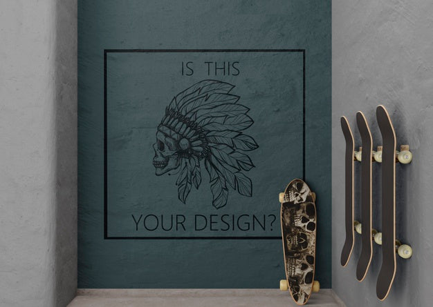 Green Wall With Design And Skateboards Hanging Psd