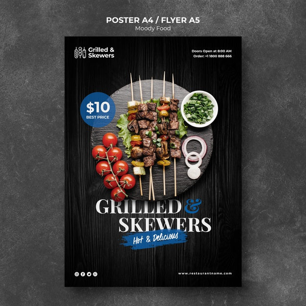 Grilled Skewers With Veggies Restaurant Poster Template Psd